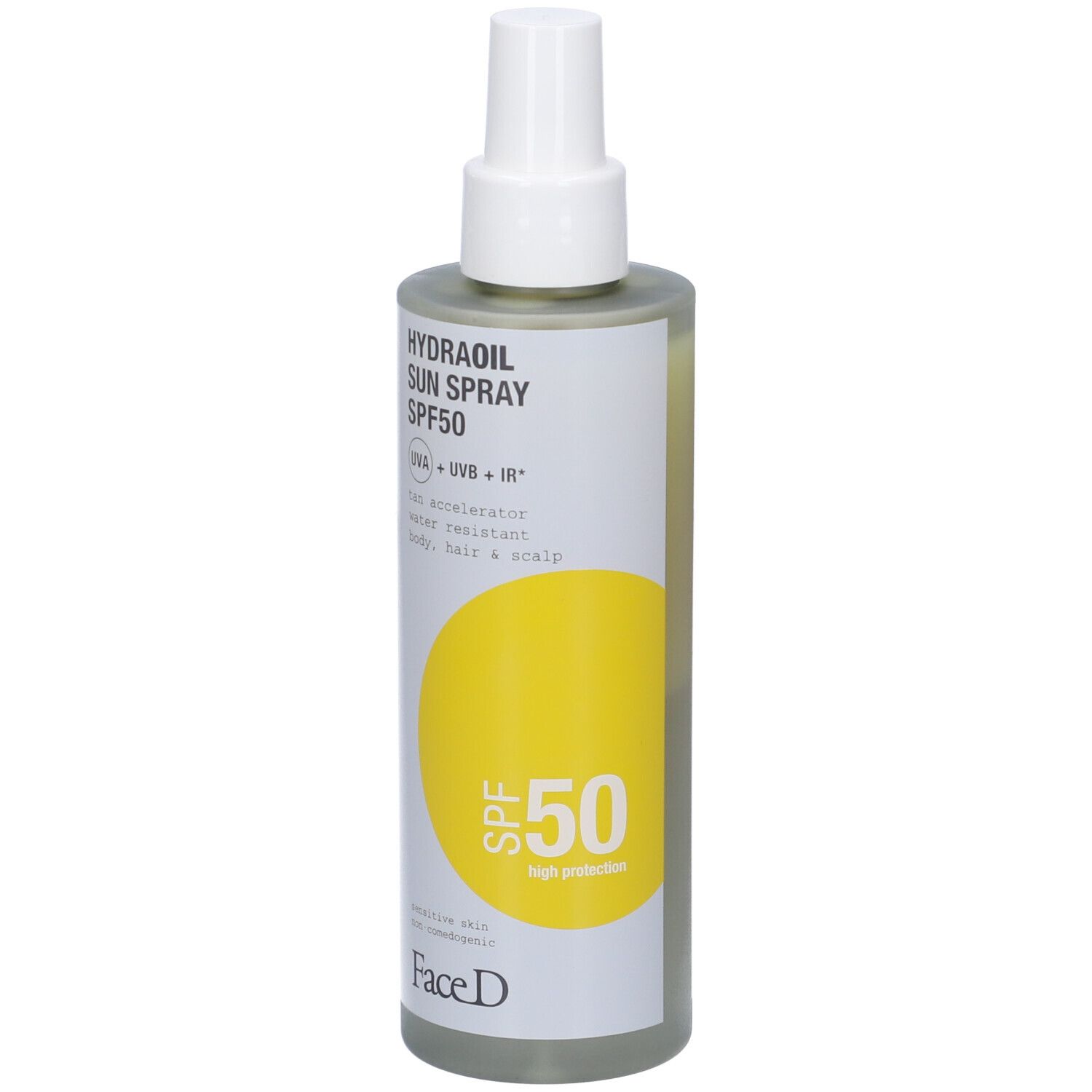 Face D Hydraoil Sun Spray SPF50. Flacone con erogatore spray. Liquido giallo. Scritta SPF50. Per pelli sensibili.