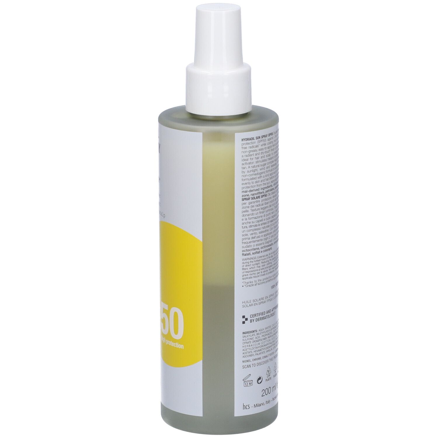 Face D Hydraoil Sun Spray SPF50. Flacone con erogatore spray. Retro con testo. Flacone in plastica riciclata al 100%. 200 ml.
