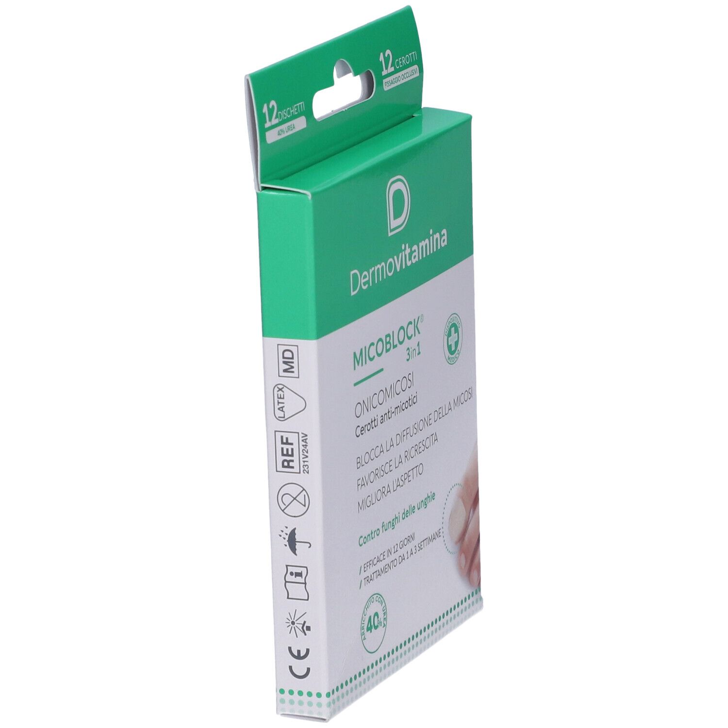 Seitenansicht der Dermovitamina Micoblock-Verpackung. Enthält 12 Pflaster. Text: Onikomikose Cerotti anti-micotici. Mit medizinischem Symbol.