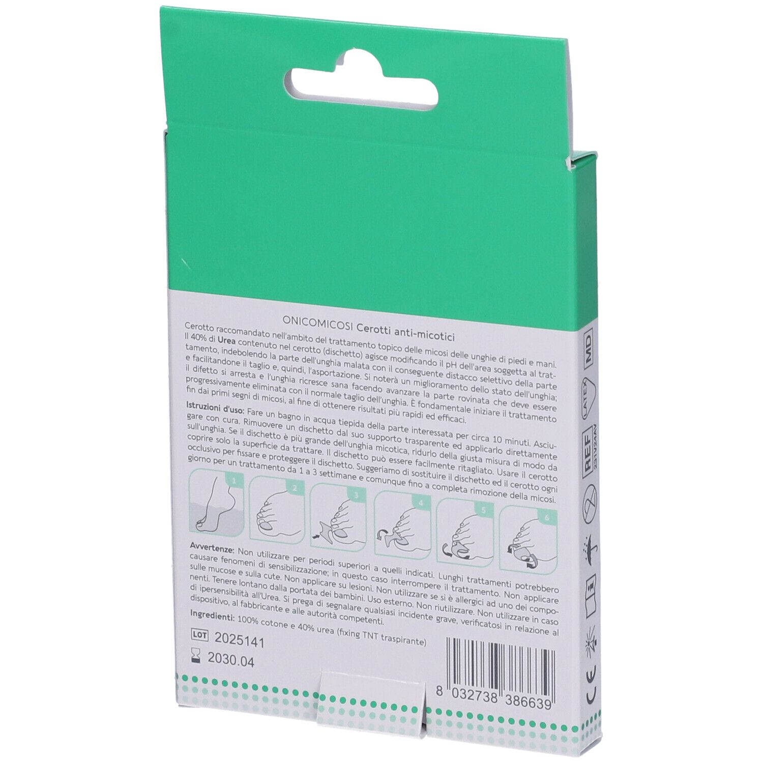Rückseite der Dermovitamina Micoblock-Verpackung. Enthält Informationen zur Anwendung. Mit Illustrationen und Text in italienischer Sprache.