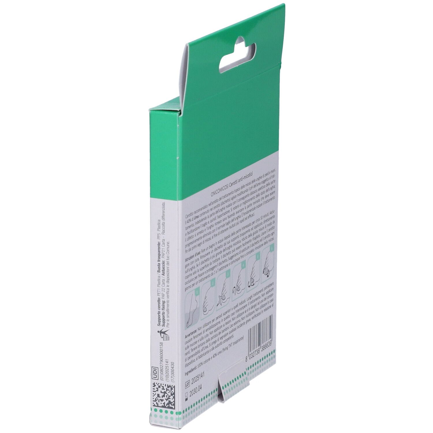 Seitenansicht der Dermovitamina Micoblock-Verpackung. Enthält Informationen zur Anwendung. Mit Illustrationen und Text in italienischer Sprache.