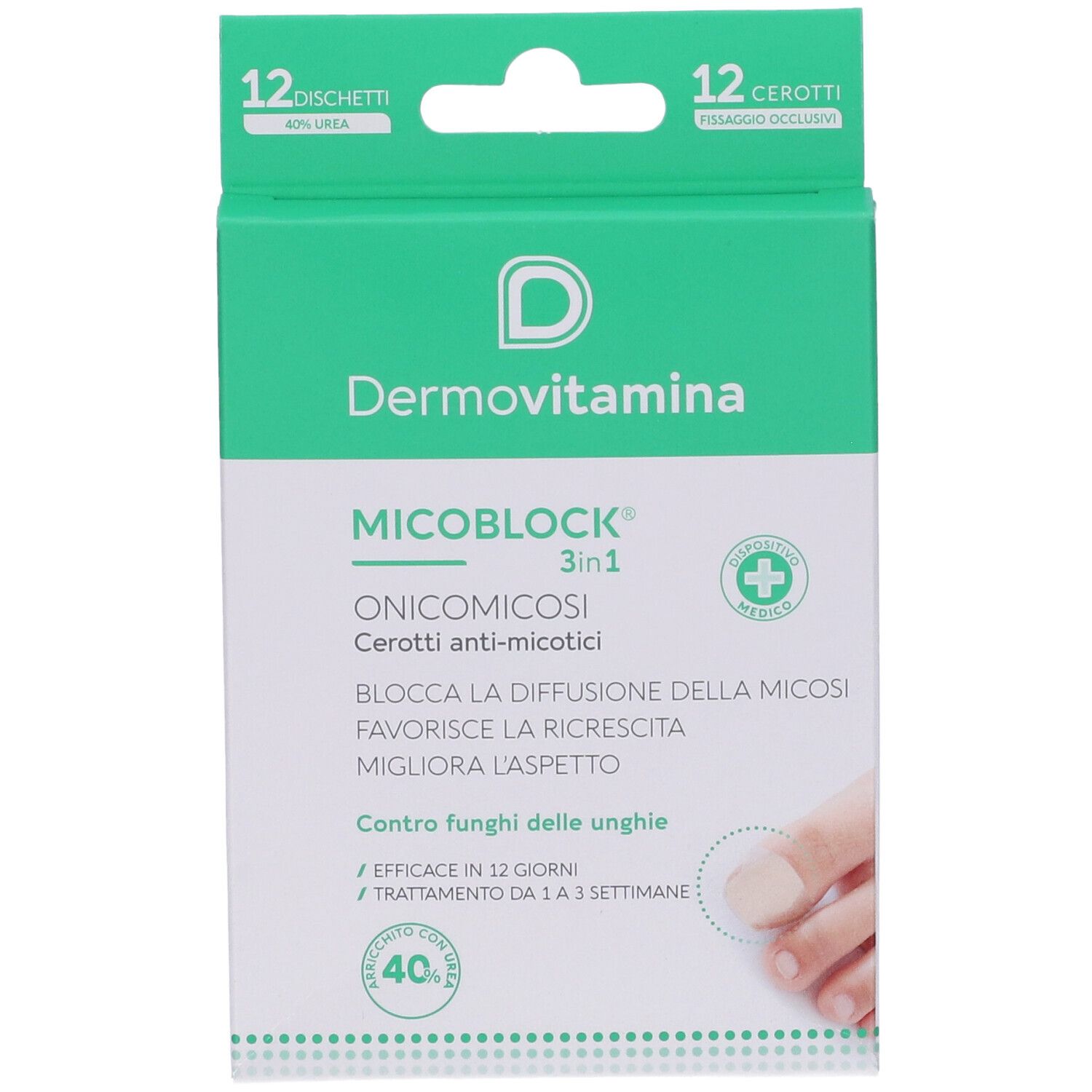 Verpackung von Dermovitamina Micoblock. Enthält 12 Pflaster. Text: Onikomikose Cerotti anti-micotici. Zeigt einen Fuß mit einem Pflaster.
