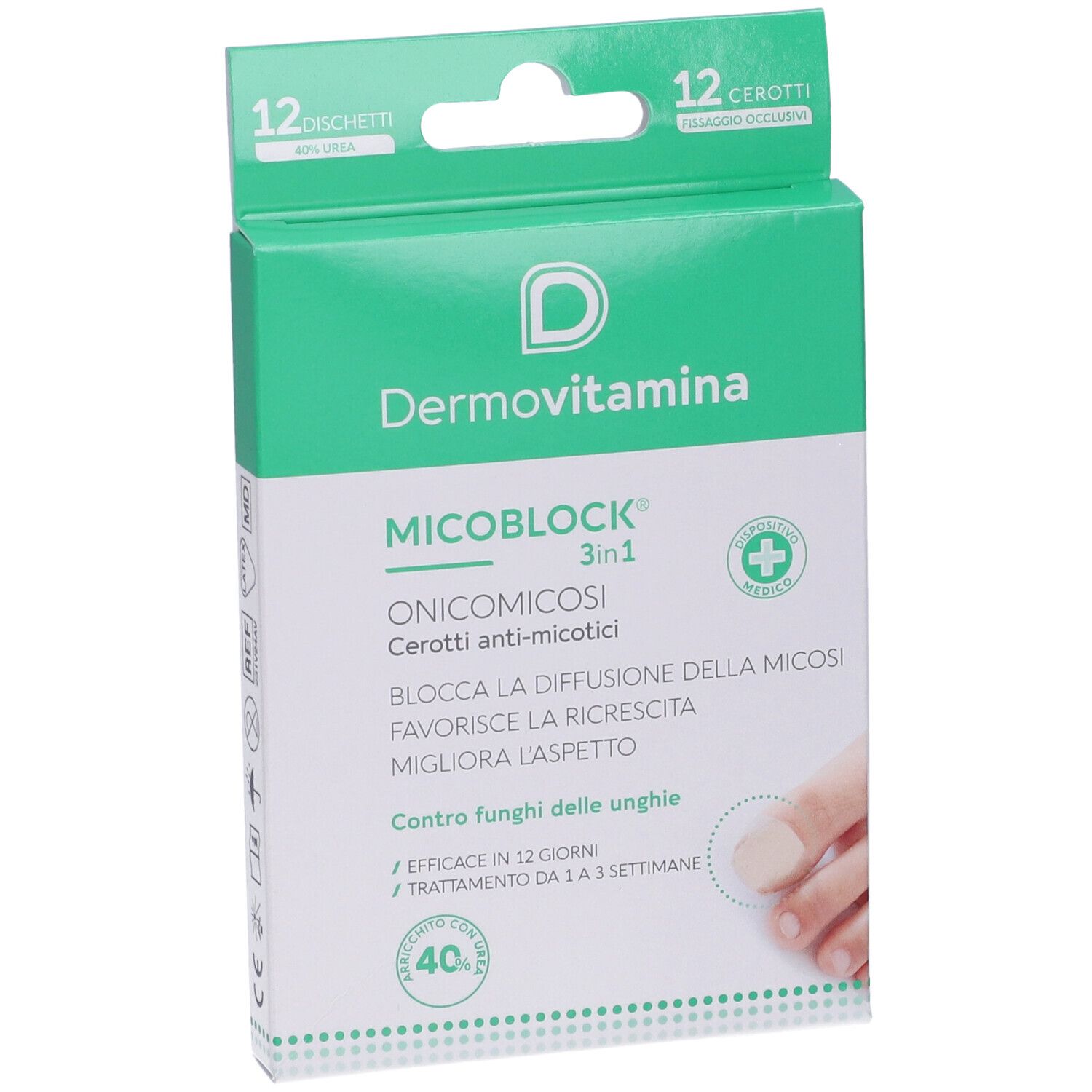 Verpackung von Dermovitamina Micoblock. Enthält 12 Pflaster. Text: Onikomikose Cerotti anti-micotici. Zeigt einen Fuß mit einem Pflaster.