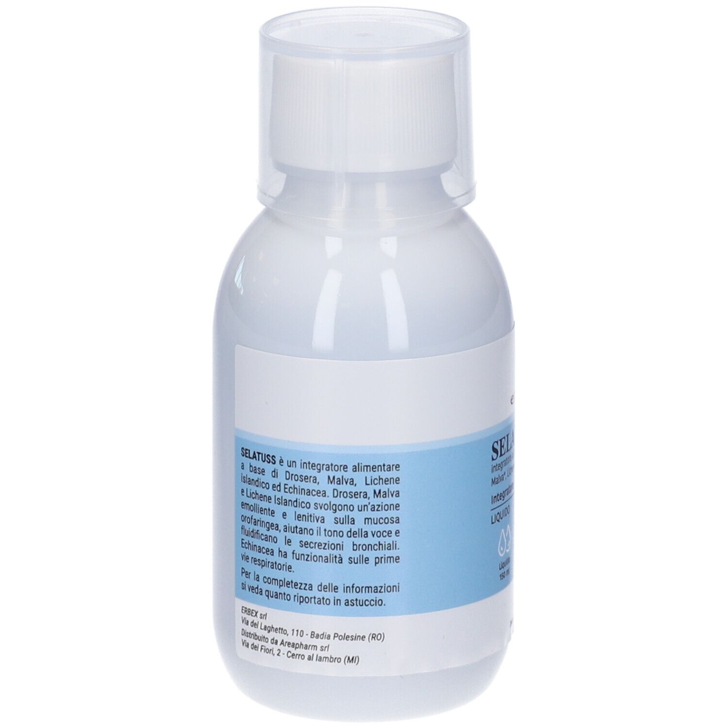 Retro del flacone bianco. Etichetta blu con testo. Erbex Selatuss. Ingredienti e informazioni produttore.