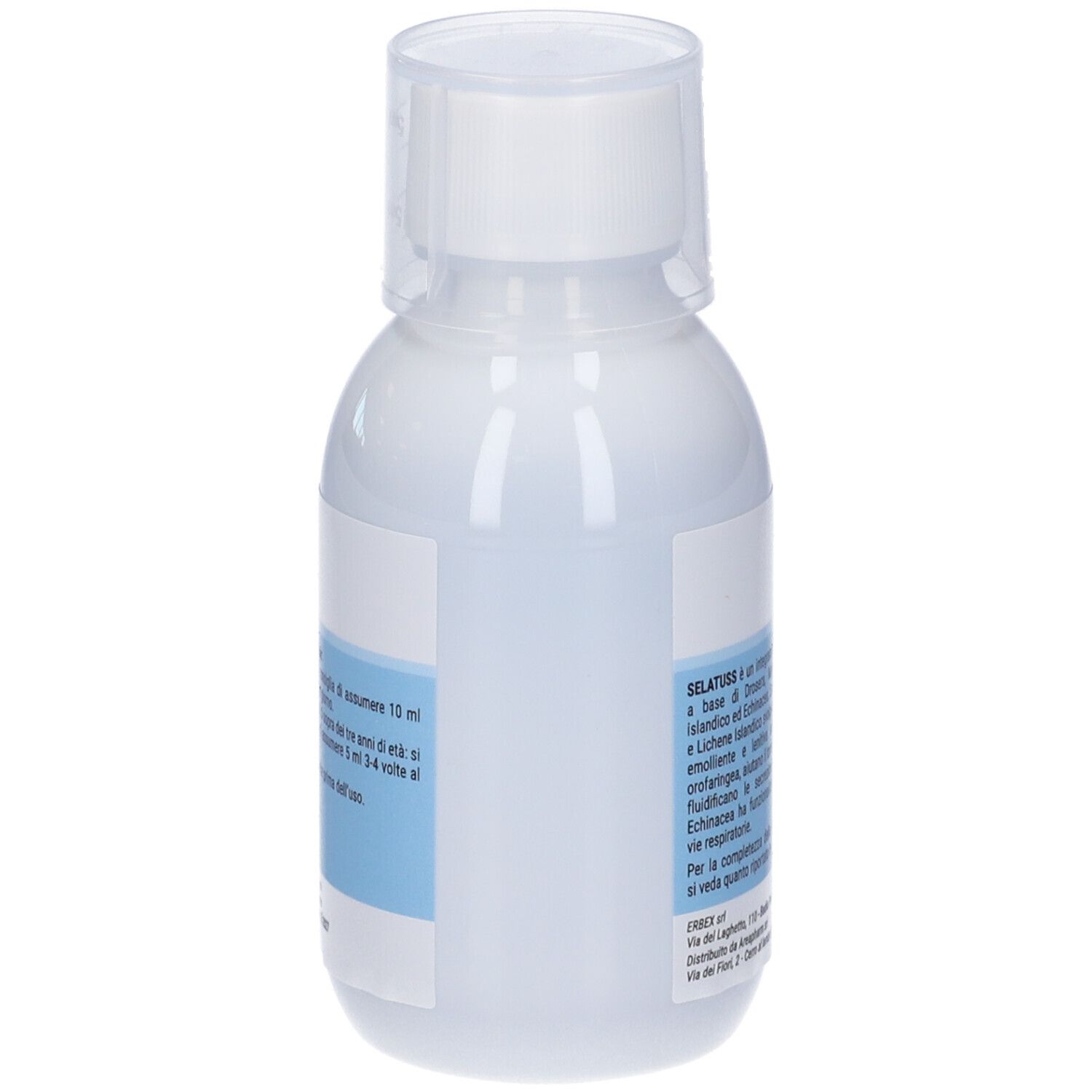Retro del flacone bianco. Etichetta blu con testo. Erbex Selatuss. Ingredienti e informazioni produttore.