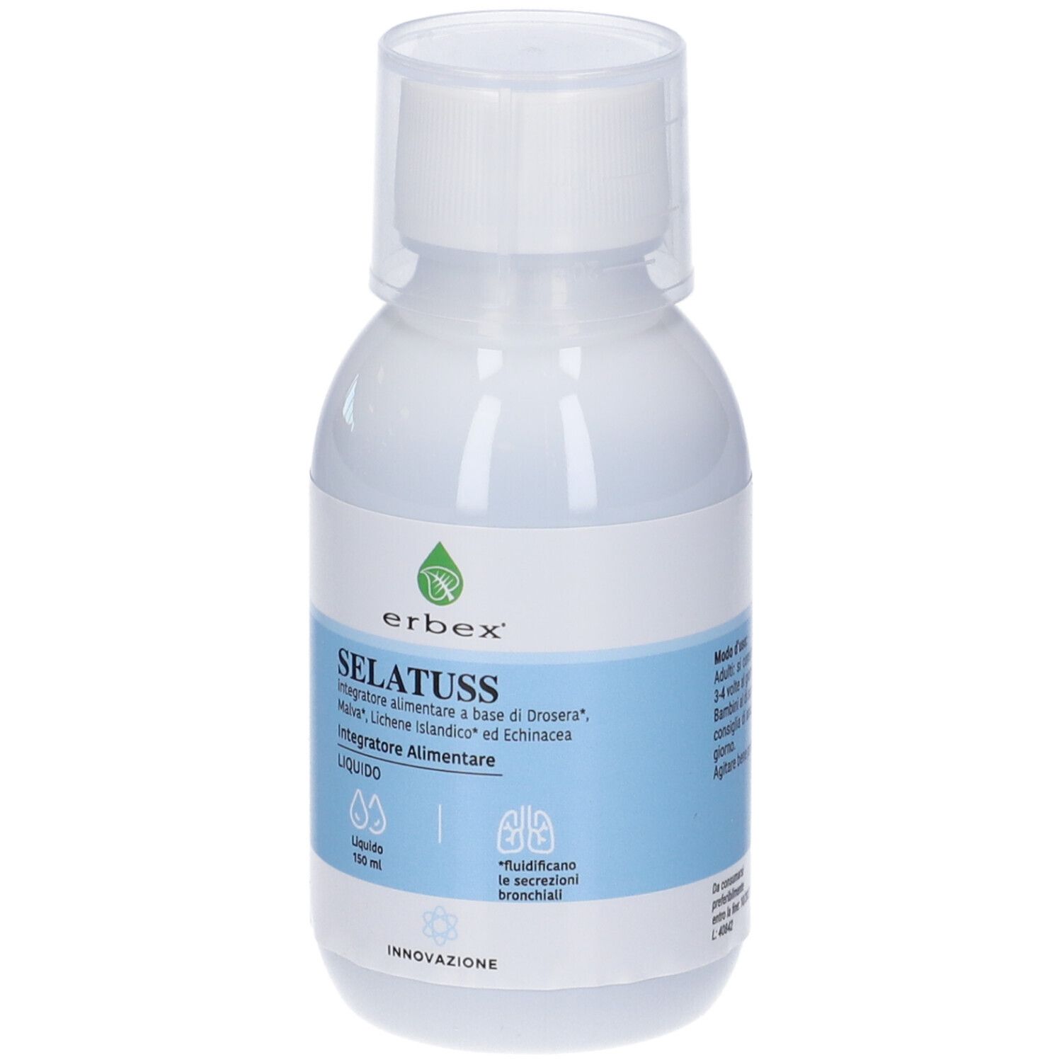 Flacone bianco con etichetta blu. Testo: SELATUSS, Erbex. Liquido. 150 ml. Con tappo dosatore.