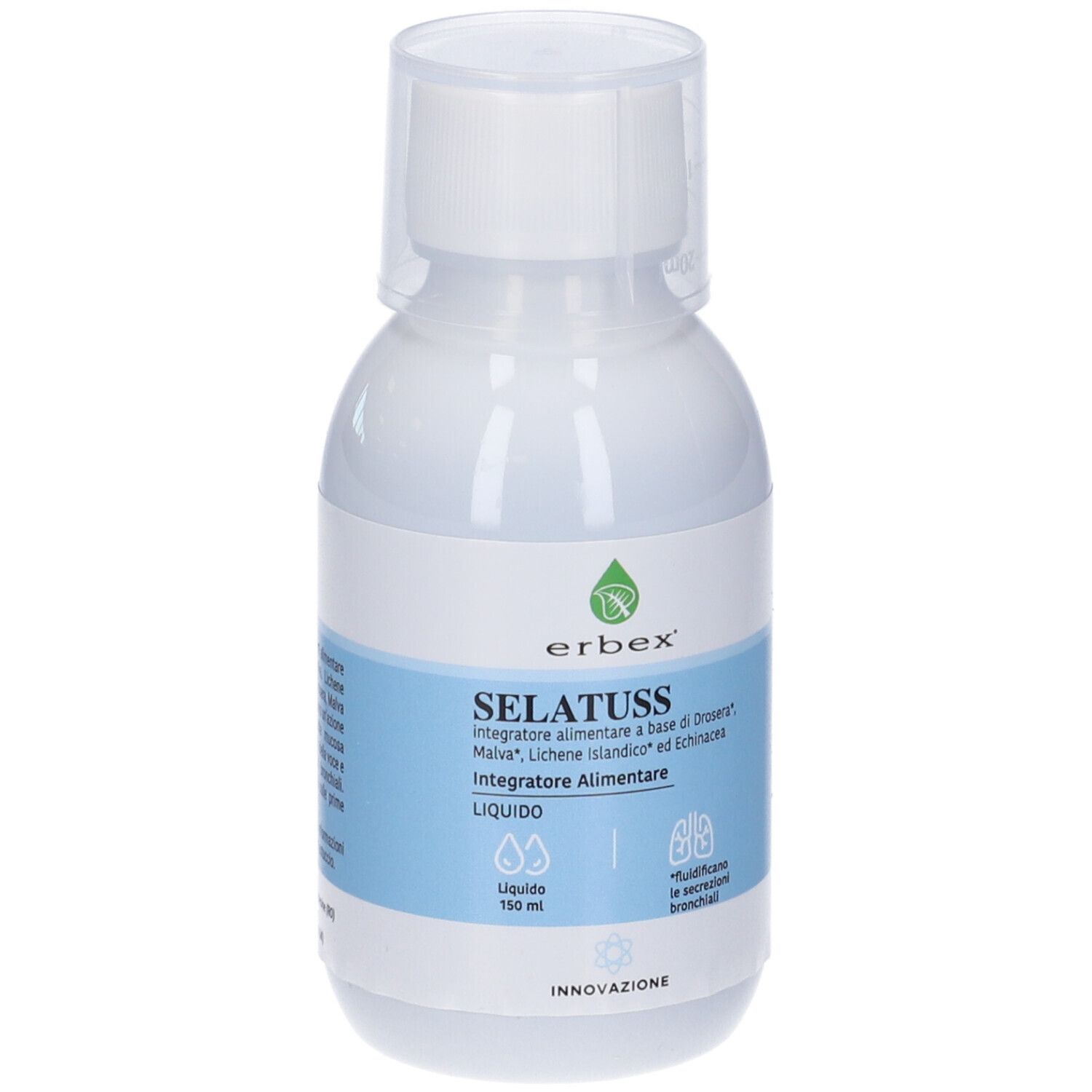 Flacone bianco con etichetta blu. Testo: SELATUSS, Erbex. Liquido. 150 ml. Con tappo dosatore.
