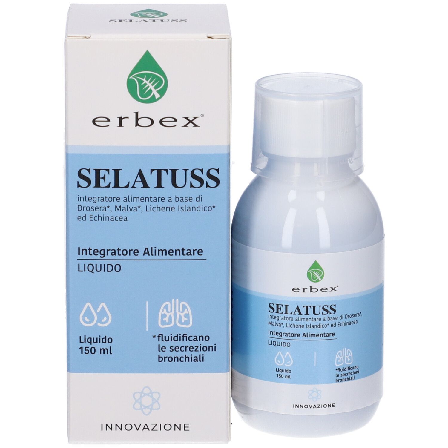 Confezione e flacone. Scatola e flacone con testo: SELATUSS, Erbex. Liquido. 150 ml.