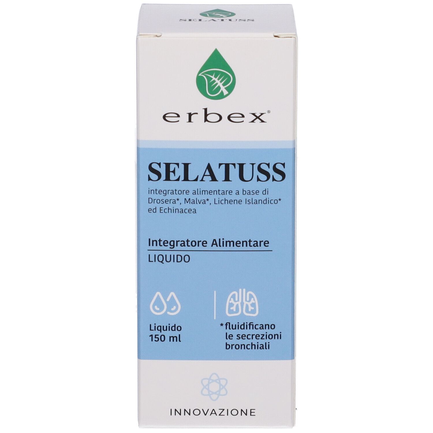 Confezione del prodotto. Scatola con testo: SELATUSS, Erbex. Liquido. 150 ml. Con illustrazioni.