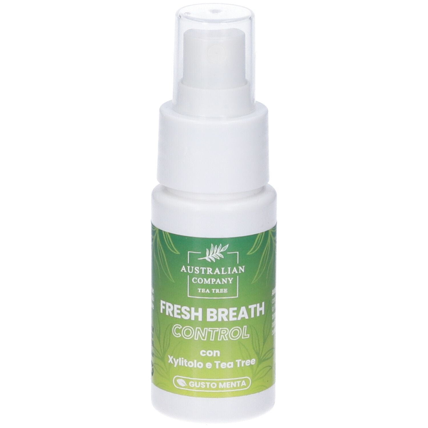 Weißer Sprayflakon mit grüner Aufschrift. Produktname: Fresh Breath Control. Enthält Xylit und Teebaum. Geschmack: Minze.