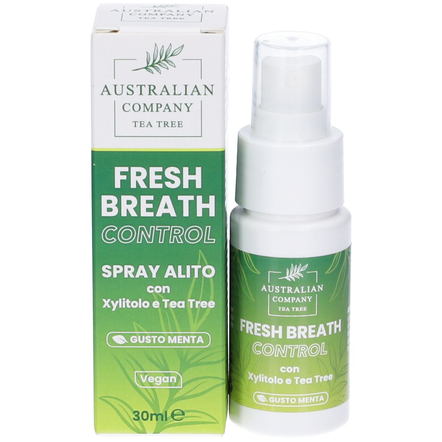 Produkt und Verpackung. Sprayflakon und Schachtel. Produktname: Fresh Breath Control. Enthält Xylit und Teebaum. Geschmack: Minze.