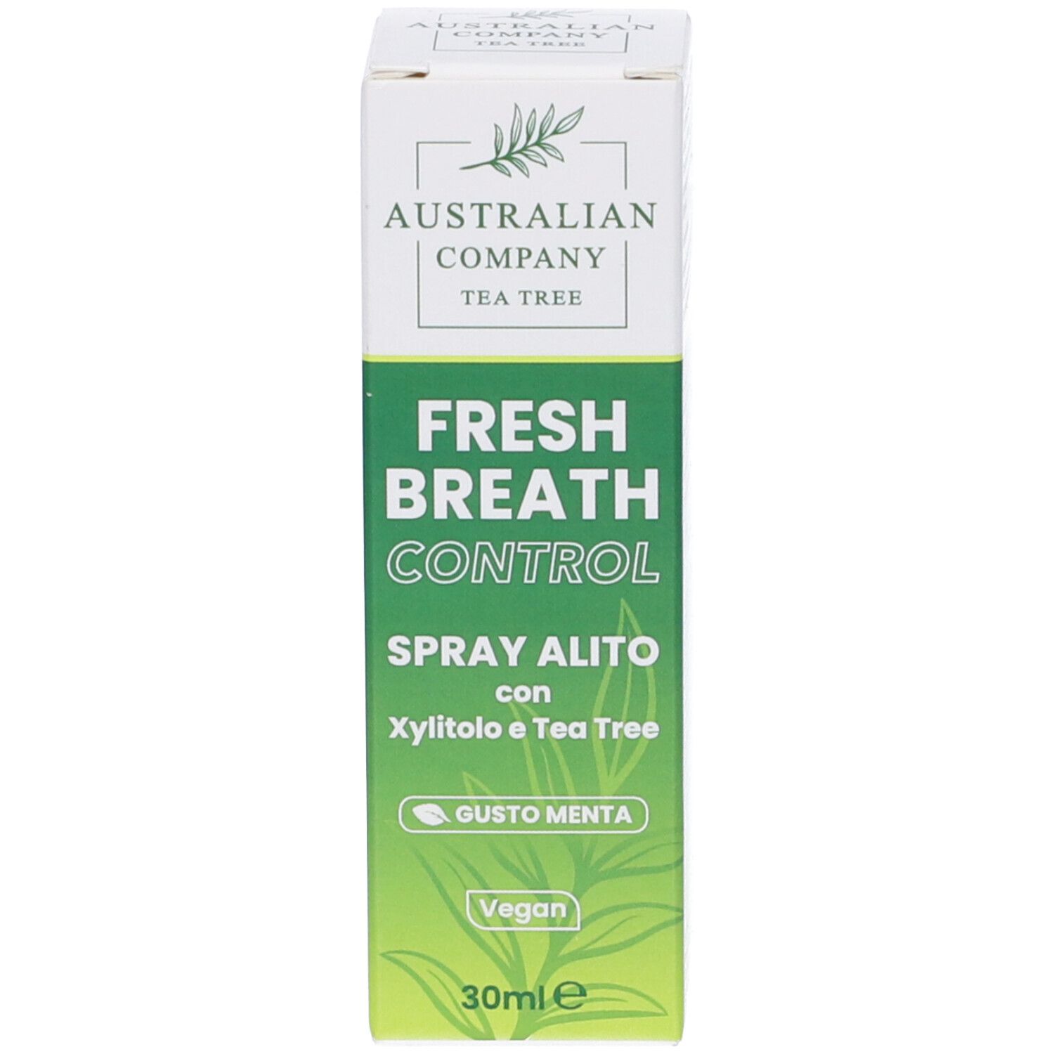 Produktverpackung. Schachtel mit Produktnamen: Fresh Breath Control. Enthält Xylit und Teebaum. Geschmack: Minze. 30ml.