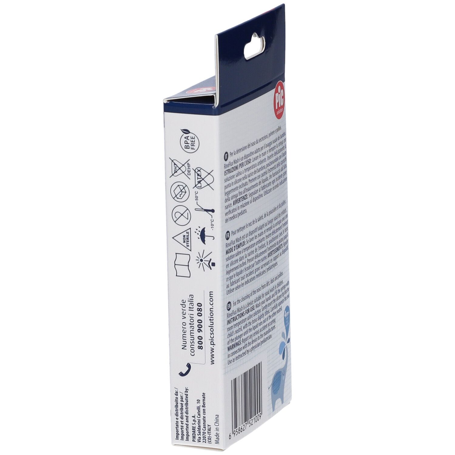 Seitenansicht der Verpackung mit Symbolen. BPA-frei-Logo. Kontaktinformationen und Barcode. Produktname nicht sichtbar.