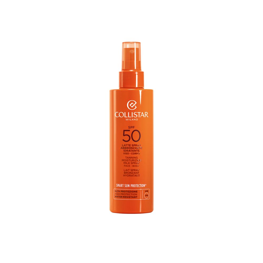 Flacone spray arancione, Latte solare Collistar SPF 50, 150 ml.