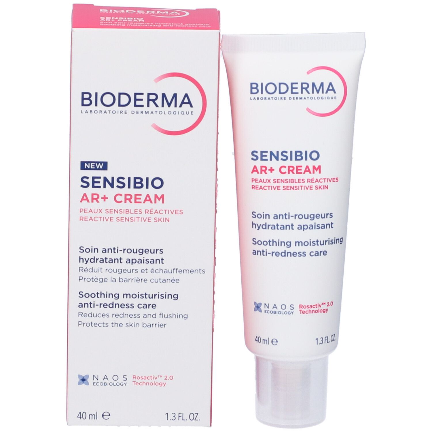 Produktverpackung mit Tube und Karton. Beide zeigen Sensibio AR+ Cream. Rosa und weiße Farbgebung. 40 ml.