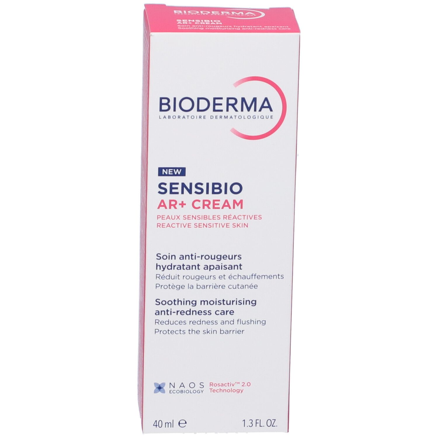 Rosa und weißer Karton. Enthält Sensibio AR+ Cream. Text in Deutsch, Französisch und Englisch. 40 ml.