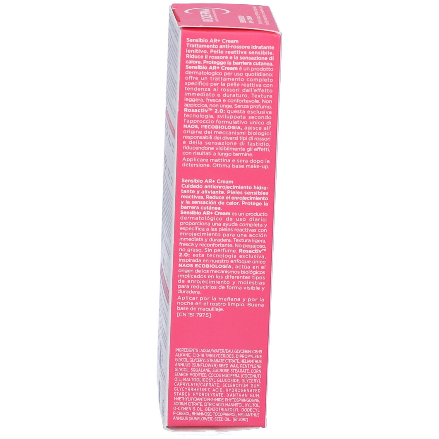 Seitenansicht der Produktverpackung. Text in verschiedenen Sprachen. Enthält Informationen zum Produkt.