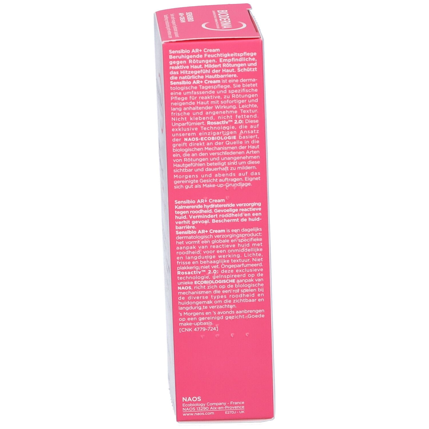 Seitenansicht der Produktverpackung. Text in verschiedenen Sprachen. Enthält Informationen zum Produkt.