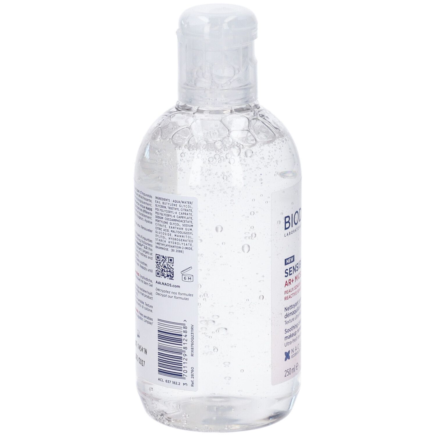 Klare Flüssigkeit in durchsichtiger Flasche mit weißem Klappdeckel. Etikett mit Text und Barcode.