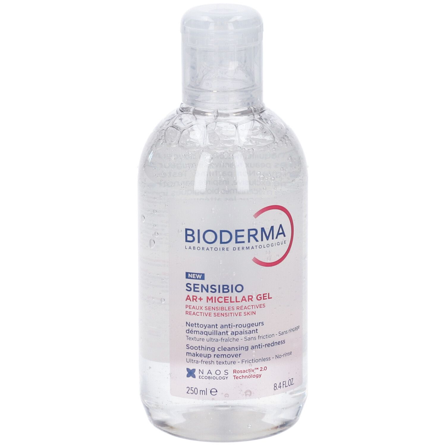 Bioderma Sensibio AR+ Mizellengel in klarer Flasche mit weißem Etikett. 250 ml.