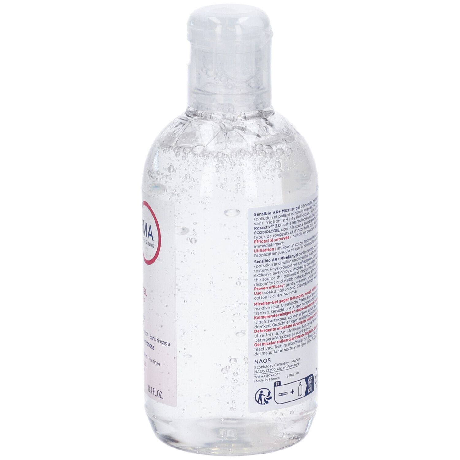 Klare Gel-Handdesinfektionsflasche mit weißem Klappdeckel. Enthält Bläschen.
