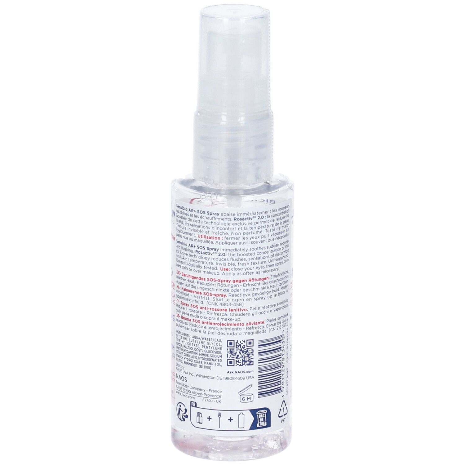 Transparente Sprühflasche mit weißem Etikett. Rückseite mit Text und Barcode. 70ml.