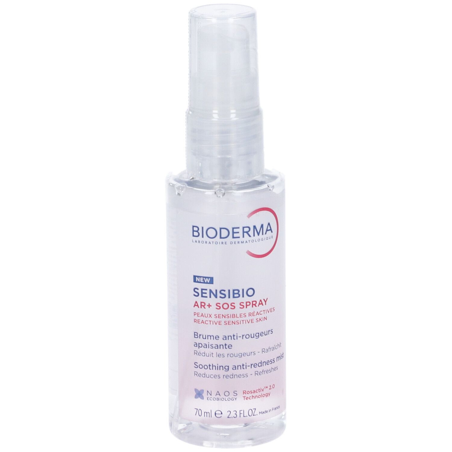 Transparente Sprühflasche mit weißem Etikett. Aufschrift: BIODERMA, Sensibio AR+ SOS Spray. 70ml.