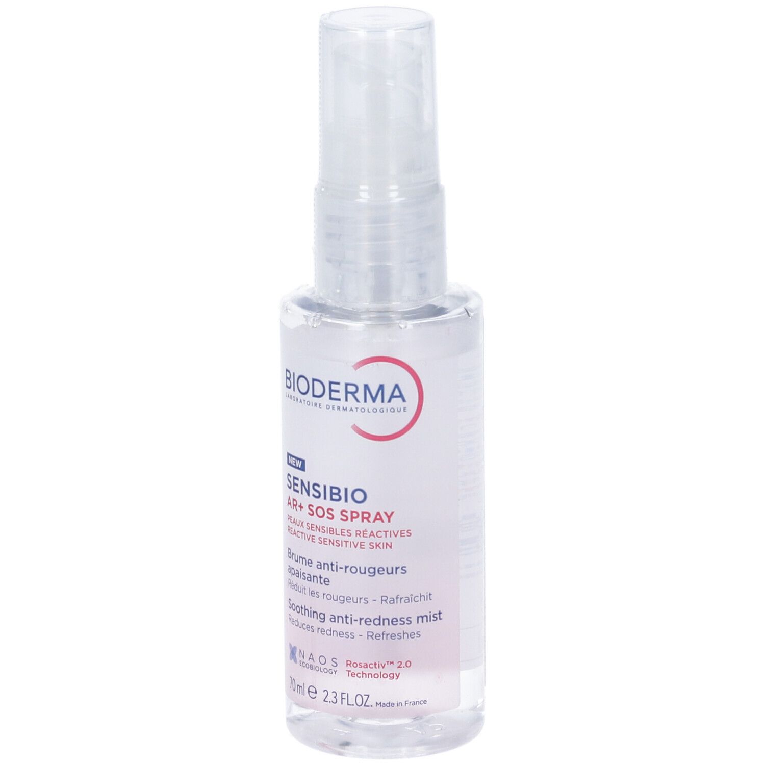 Transparente Sprühflasche mit weißem Etikett. Aufschrift: BIODERMA, Sensibio AR+ SOS Spray. 70ml.