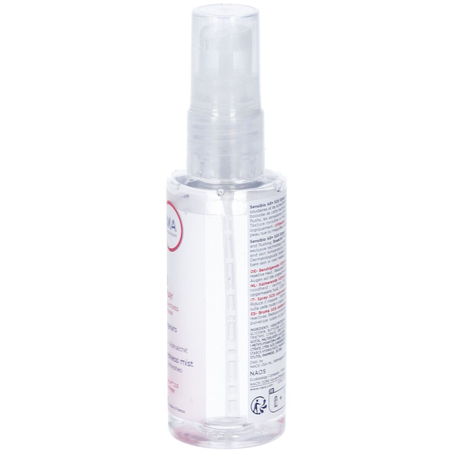 Transparente Sprühflasche mit weißem Etikett. Rückseite mit Text. 70ml.