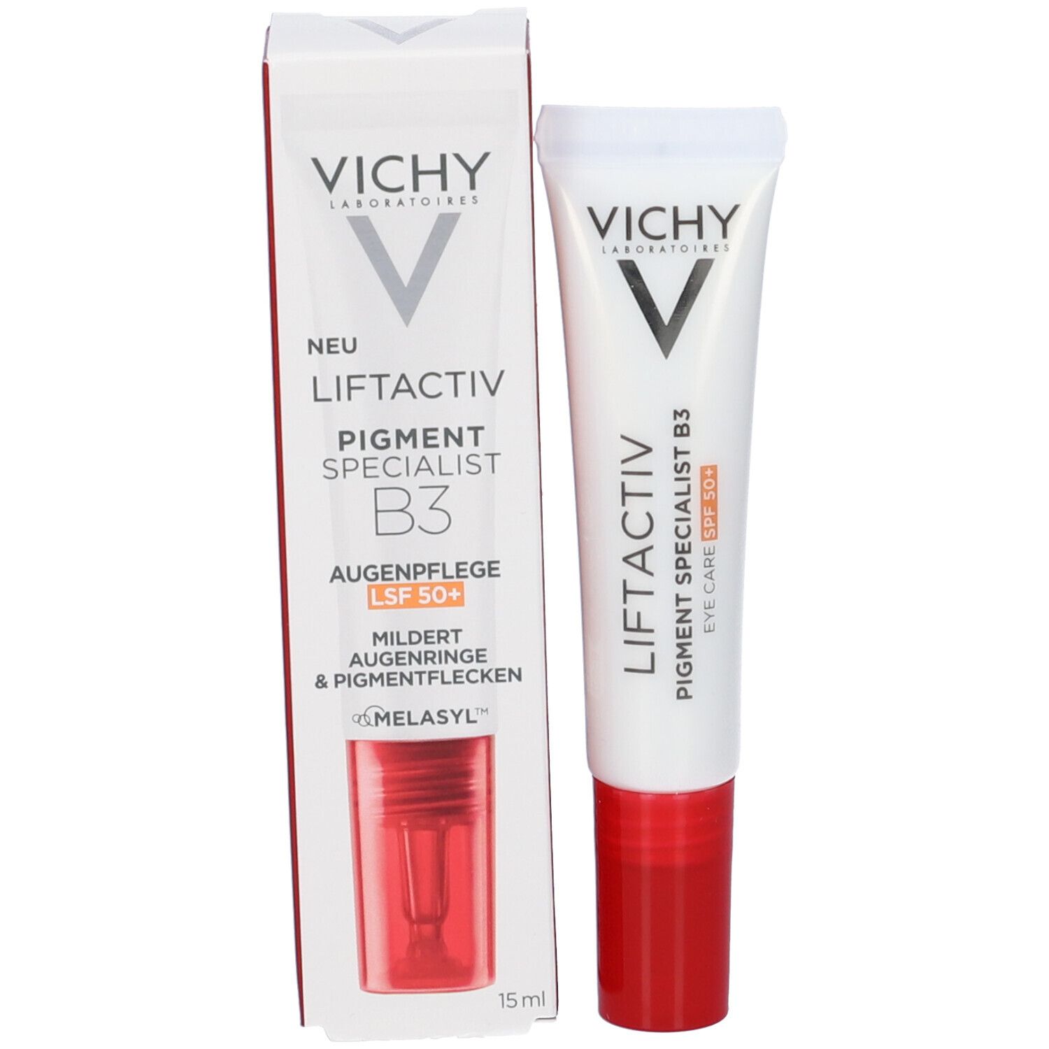 Produktverpackung und Tube. Verpackung: Vichy, Liftactiv Pigment Specialist B3, Augenpflege LSF 50+. Tube daneben.