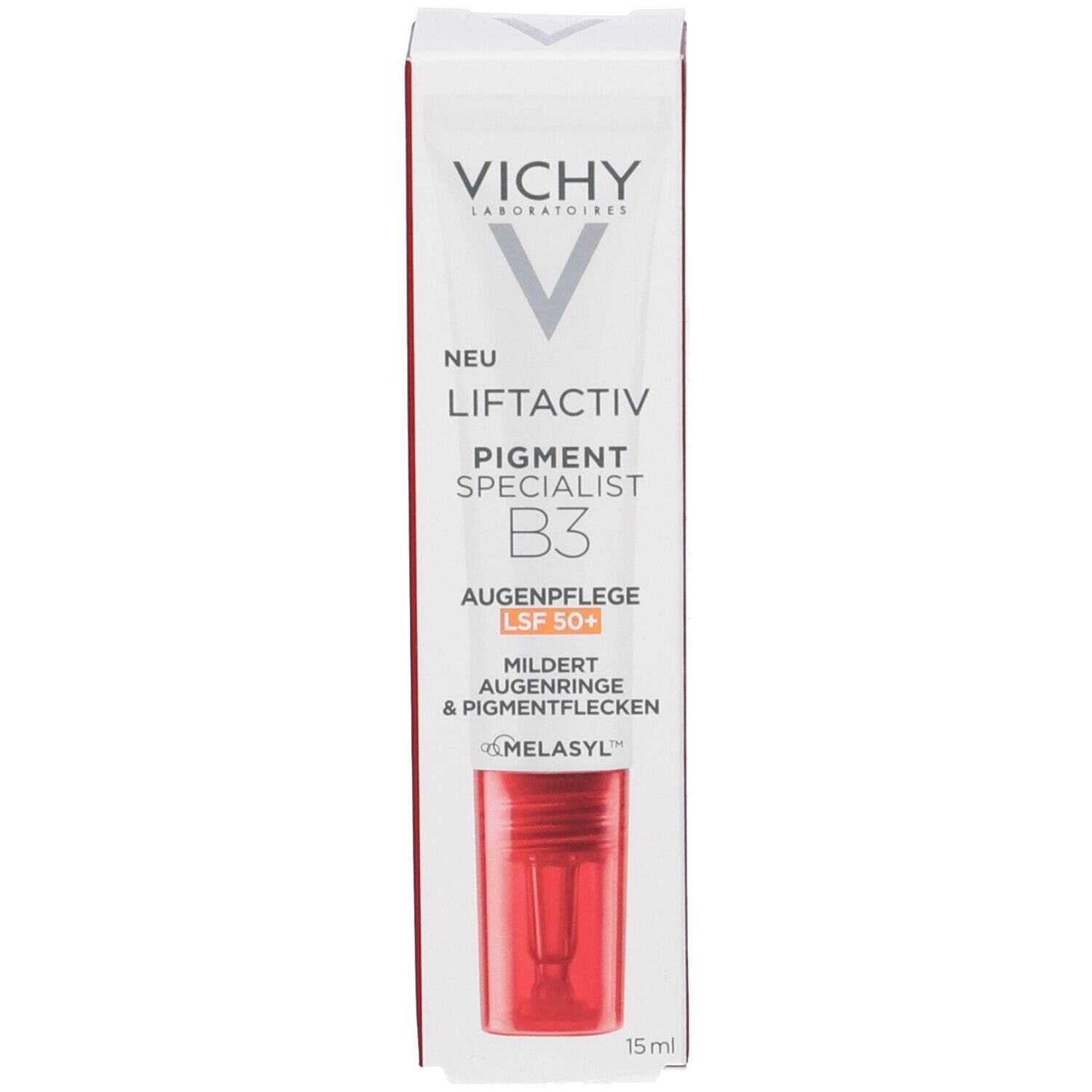 Produktverpackung. Vichy, Liftactiv Pigment Specialist B3, Augenpflege LSF 50+. Rote Tube abgebildet.
