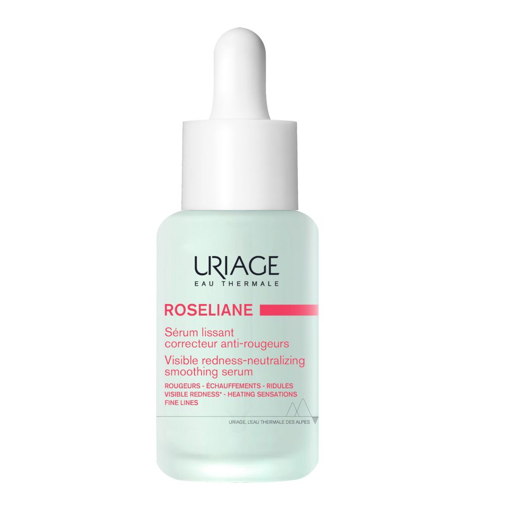 Siero Uriage Roséliane. Flacone con contagocce. Nome e logo visibili. Per pelli sensibili.