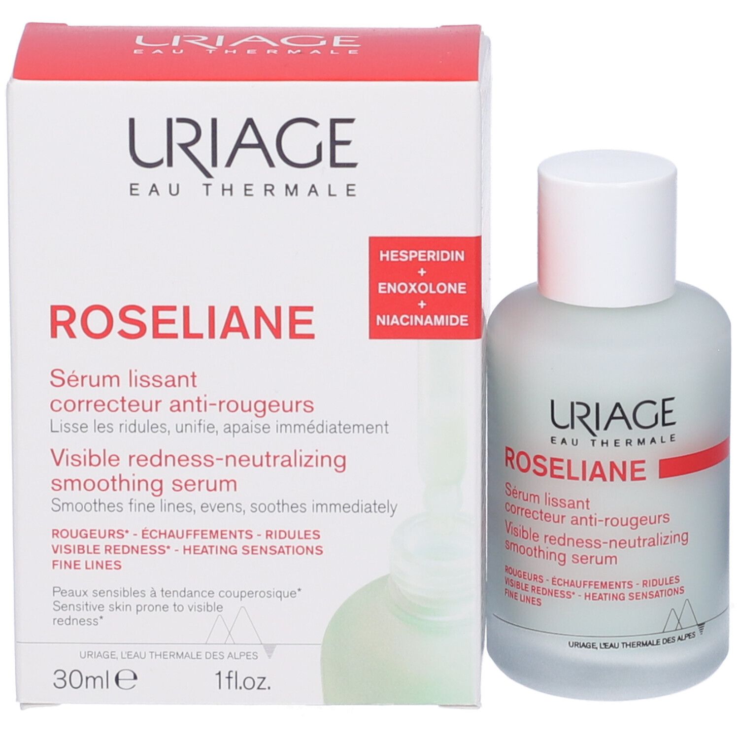 Siero Uriage Roséliane e confezione. Nome e ingredienti sulla confezione.