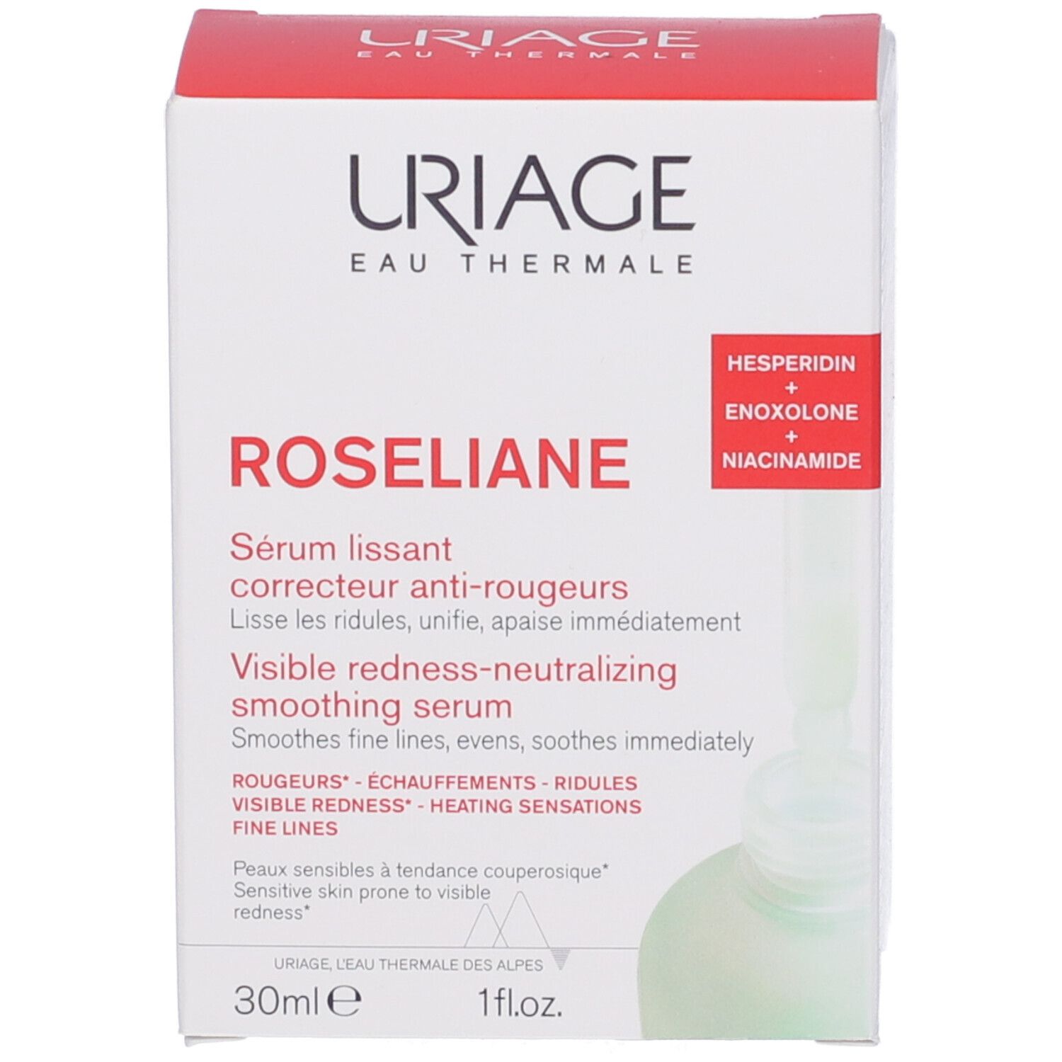 Siero Uriage Roséliane e confezione. Nome e ingredienti sulla confezione.