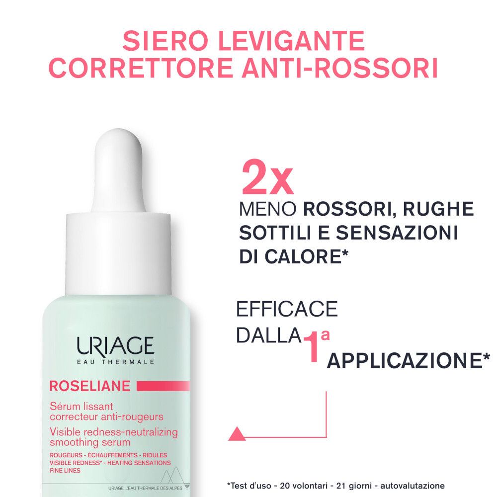 Siero Uriage Roséliane. Testo con vantaggi del prodotto. Riduce rossori, rughe e sensazione di calore.