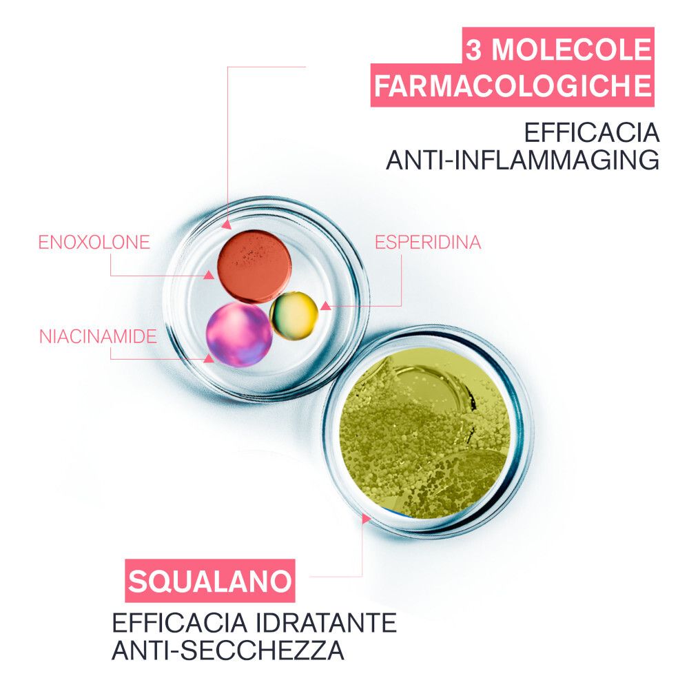 Ingredienti in piastre di Petri. 3 molecole farmaceutiche. Effetto antinfiammatorio. Squalano.