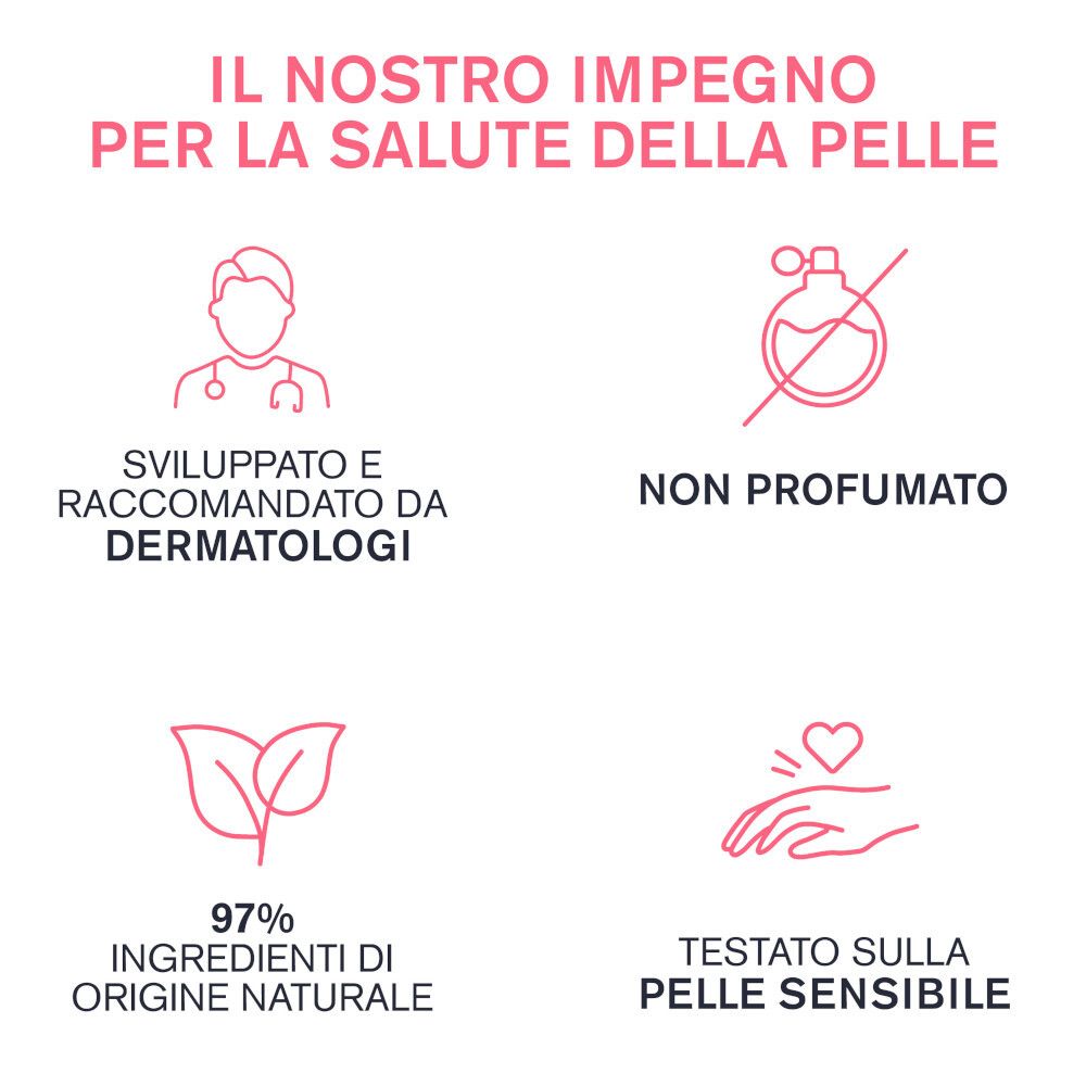 Simboli: Raccomandato dai dermatologi, senza profumo, 97% origine naturale, testato su pelle sensibile.