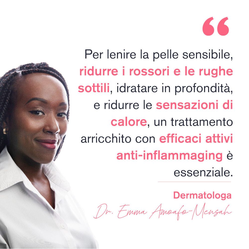 Citazione di una dermatologa. Trattamento per pelli sensibili. Riduce rossori e rughe.