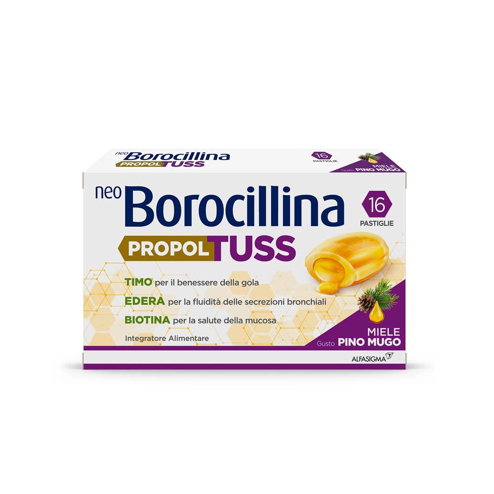 Scatola con 16 pastiglie. Scritta: Neo Borocillina PropolTuss. Ingredienti: timo, edera, biotina. Gusto: miele, pino mugo.