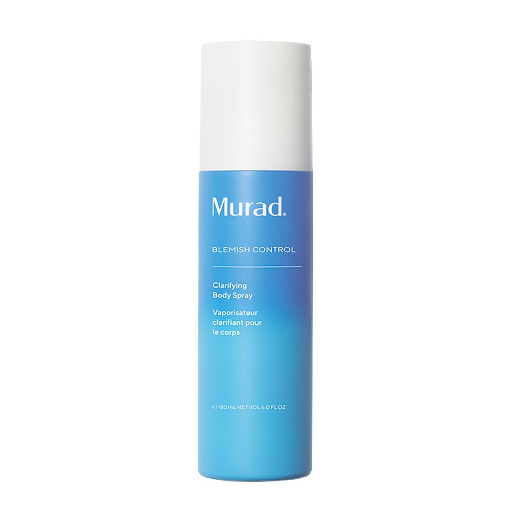 Flacone spray blu e bianco. Scritta: Murad, Blemish Control, Clarifying Body Spray. Flacone in piedi.