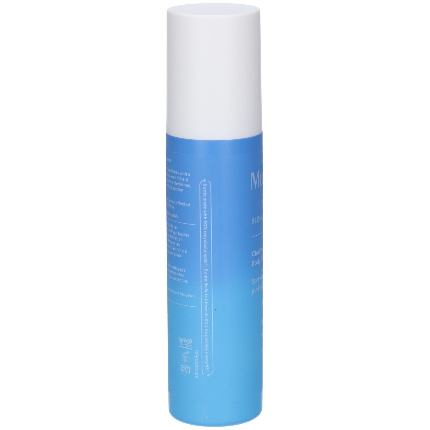 Flacone spray blu e bianco. Scritta: Murad, Blemish Control, Clarifying Body Spray. Flacone in piedi.