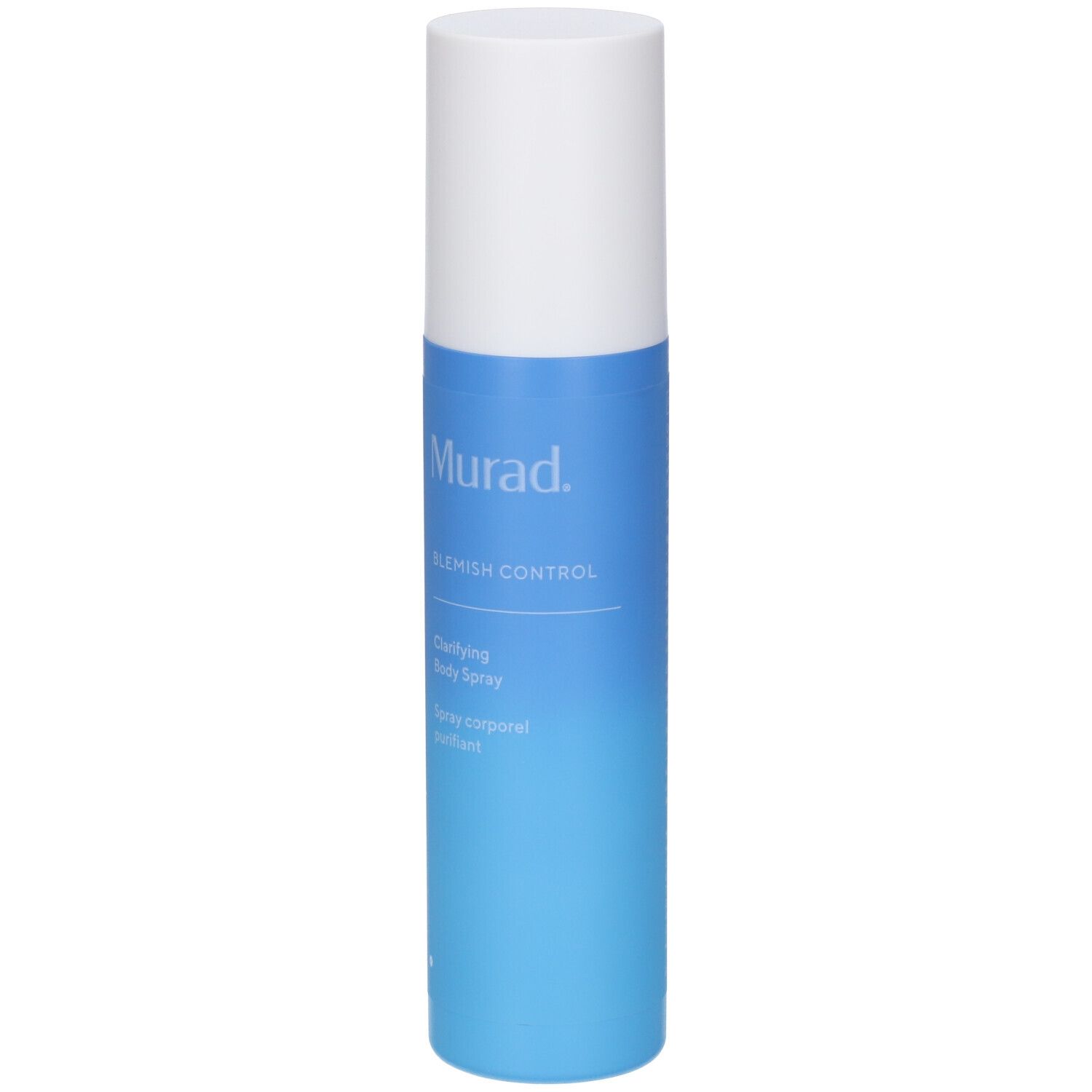 Flacone spray blu e bianco. Scritta: Murad, Blemish Control, Clarifying Body Spray. Flacone in piedi.