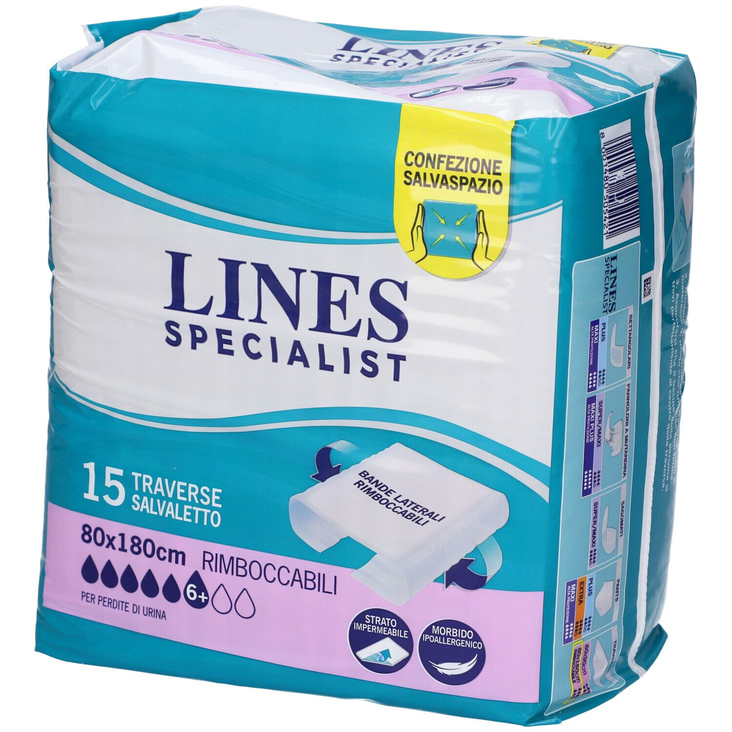 Confezione Lines Specialist. 15 traverse salvapavimento, 80x180cm, per perdite urinarie. Con bordi laterali e strato impermeabile.