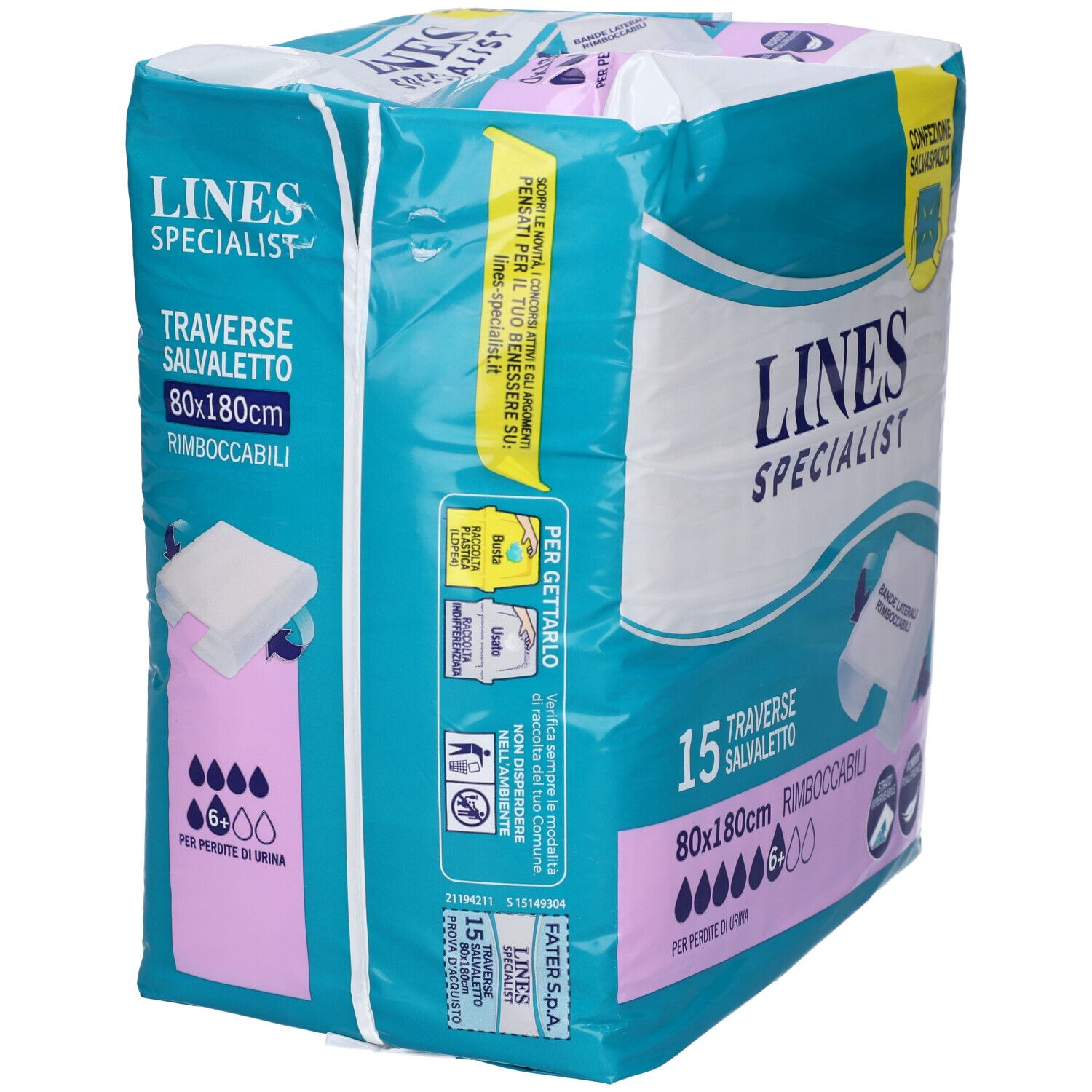 Confezione Lines Specialist. 15 traverse salvapavimento, 80x180cm, per perdite urinarie. Con bordi laterali e strato impermeabile.