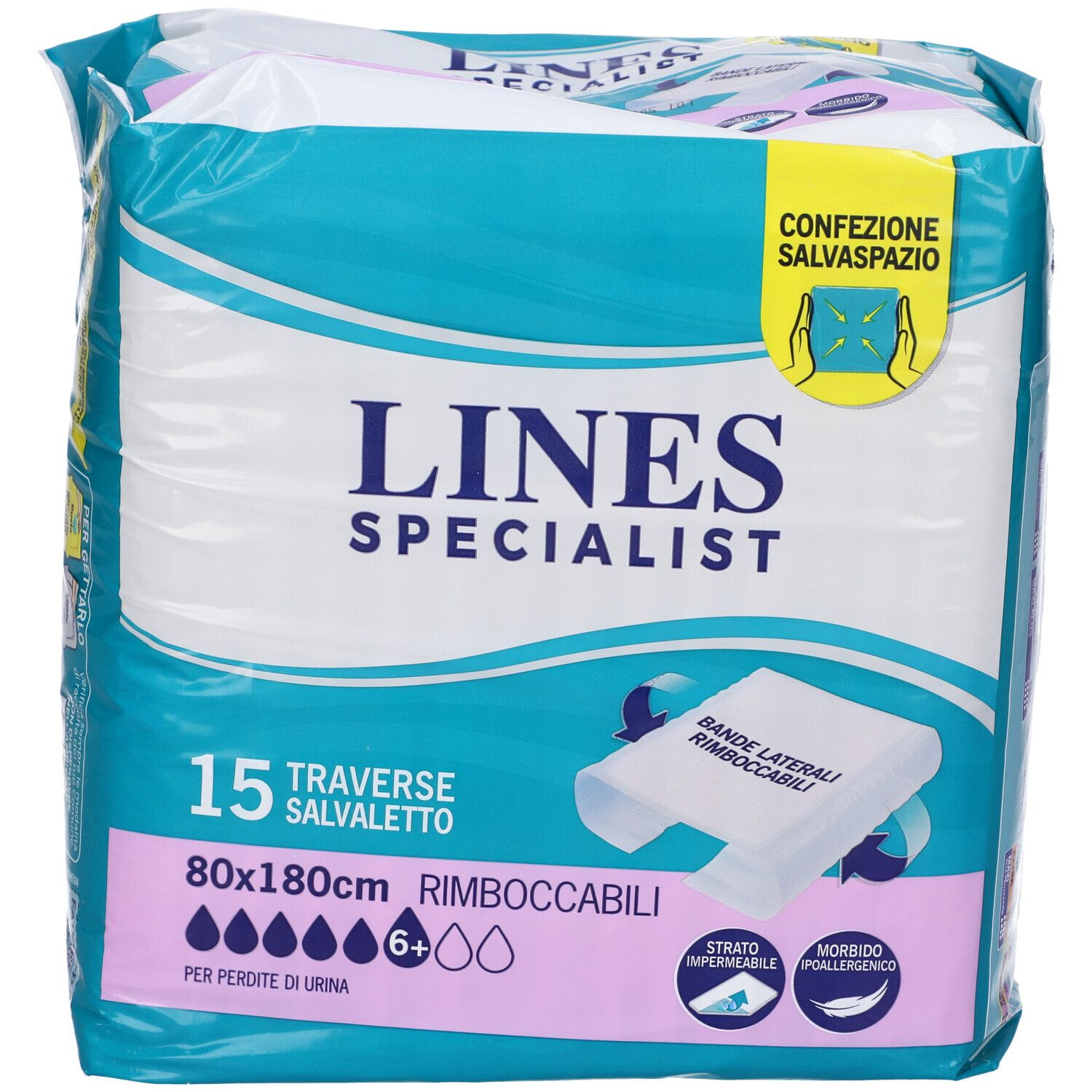 Confezione Lines Specialist. 15 traverse salvapavimento, 80x180cm, per perdite urinarie. Con bordi laterali e strato impermeabile.