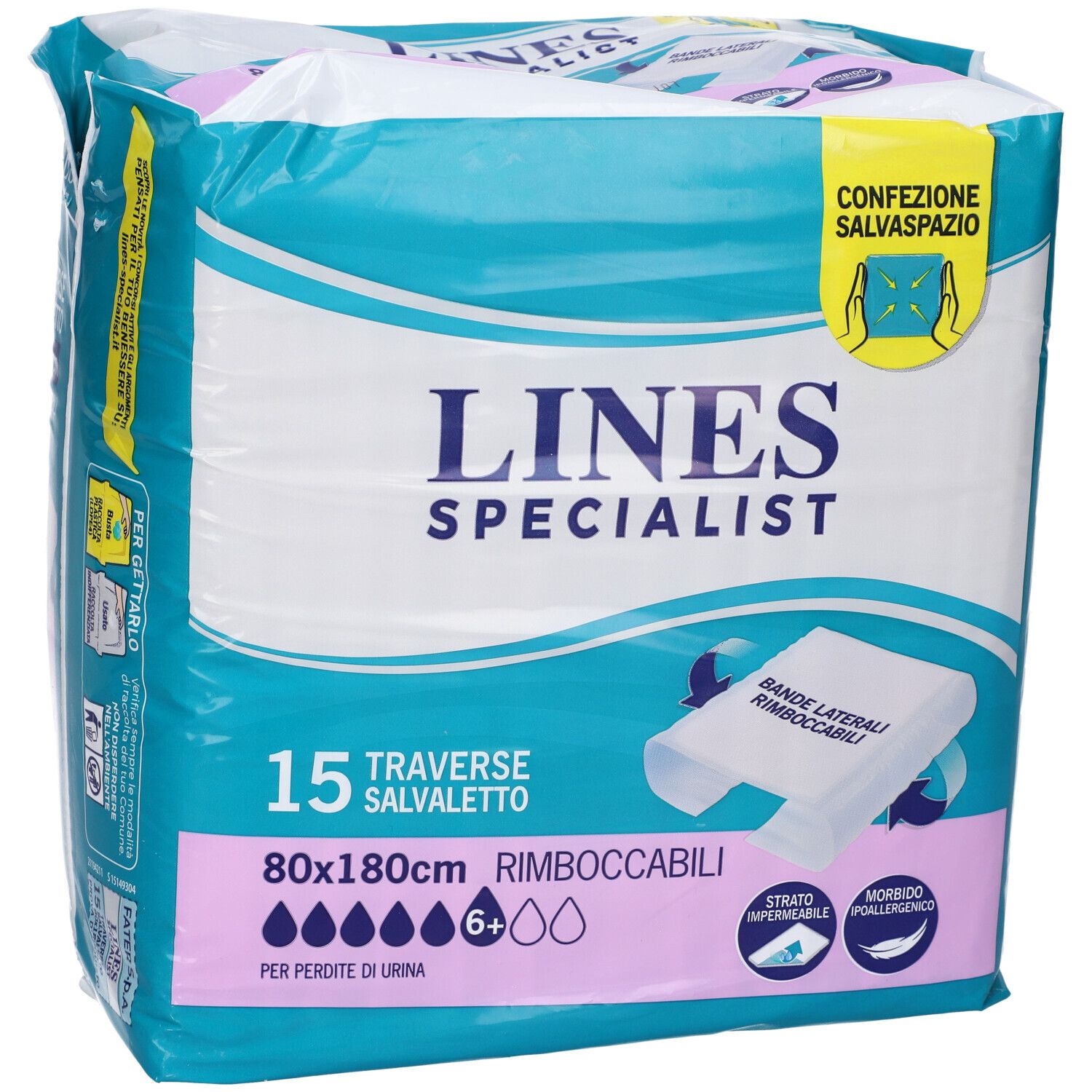 Confezione Lines Specialist. 15 traverse salvapavimento, 80x180cm, per perdite urinarie. Con bordi laterali e strato impermeabile.