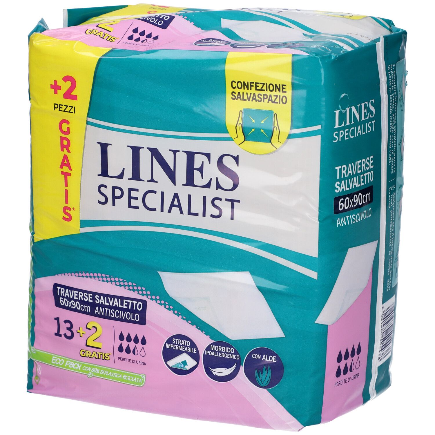 Confezione Lines Specialist. Contiene 13+2 pezzi. Dimensioni 60x90cm. Con Aloe Vera. Antiscivolo.