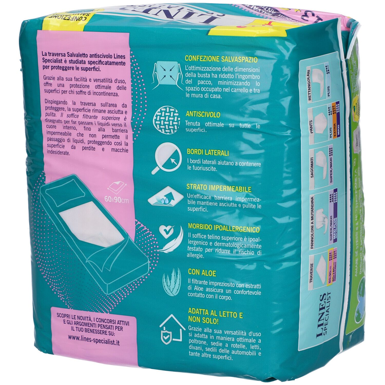 Retro confezione Lines Specialist. Informazioni su caratteristiche e utilizzo. Con Aloe Vera e antiscivolo.
