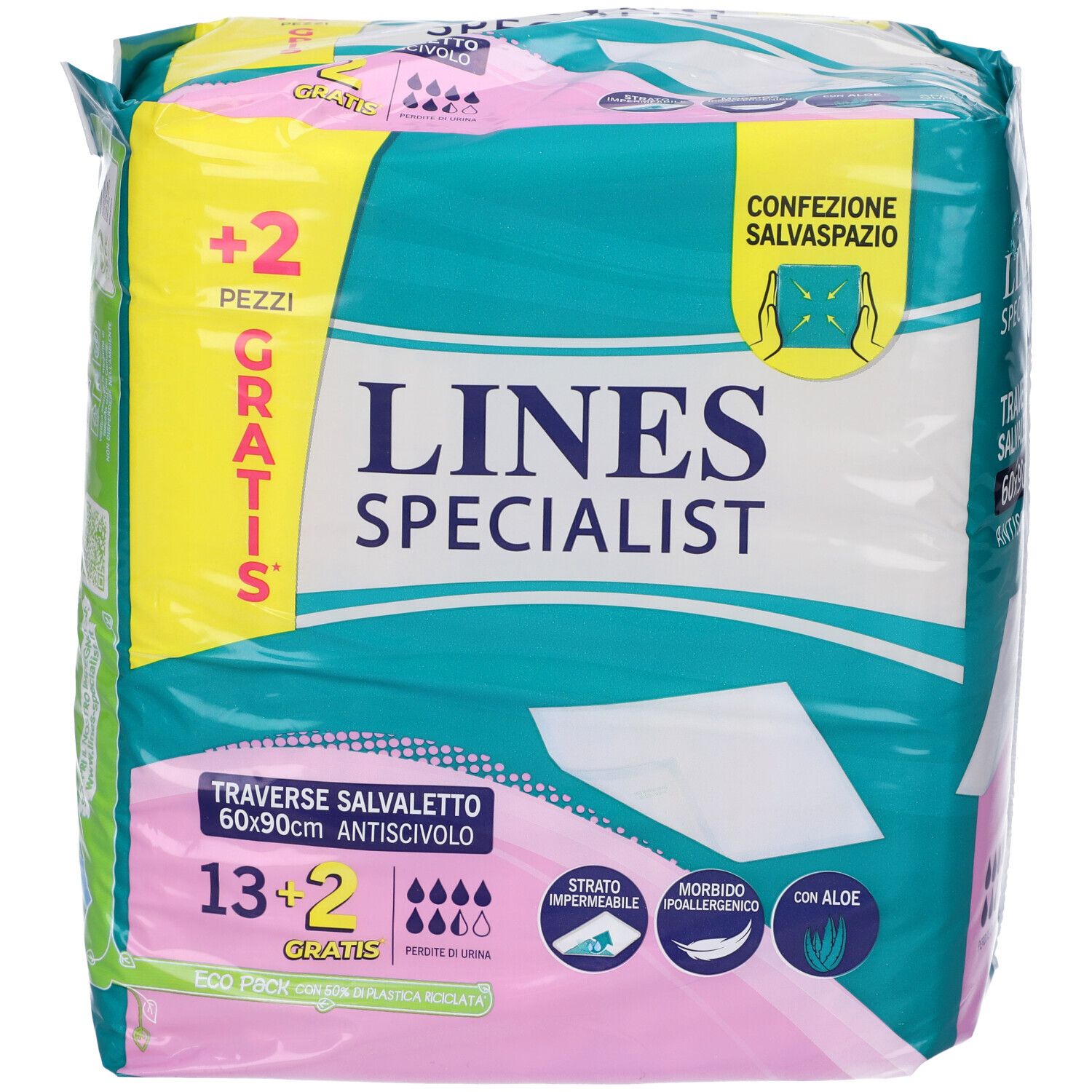 Confezione Lines Specialist. Contiene 13+2 pezzi. Dimensioni 60x90cm. Con Aloe Vera. Antiscivolo.