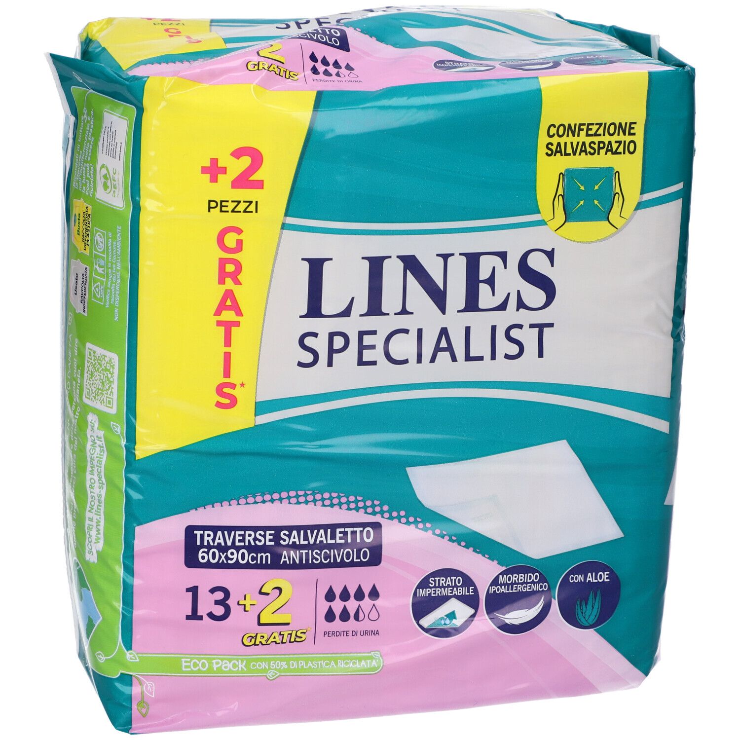 Confezione Lines Specialist. Contiene 13+2 pezzi. Dimensioni 60x90cm. Con Aloe Vera. Antiscivolo.